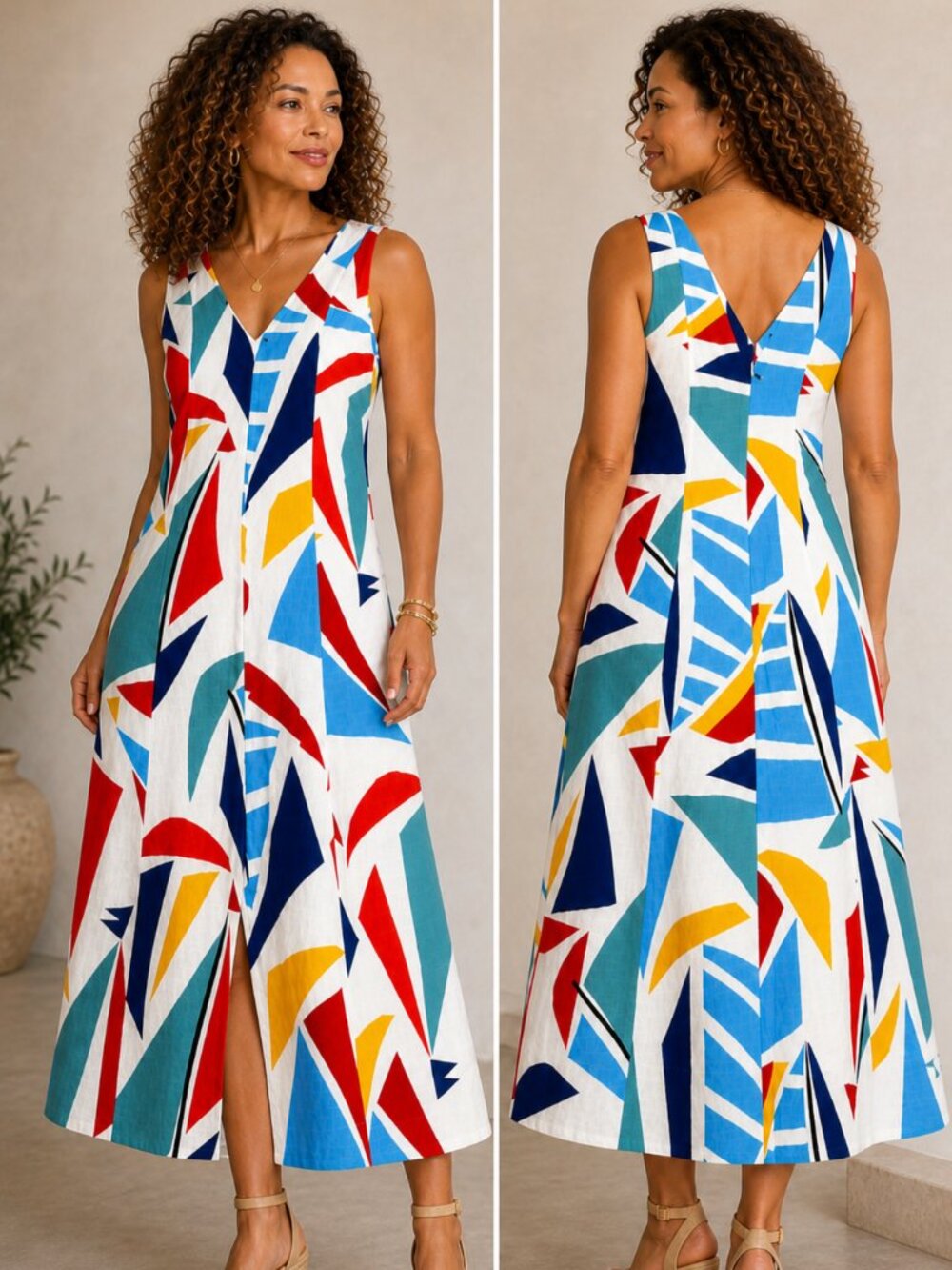 Cantão NWT Colorful A-Line Midi Dress M Linen Blend Brazil Geometric Print